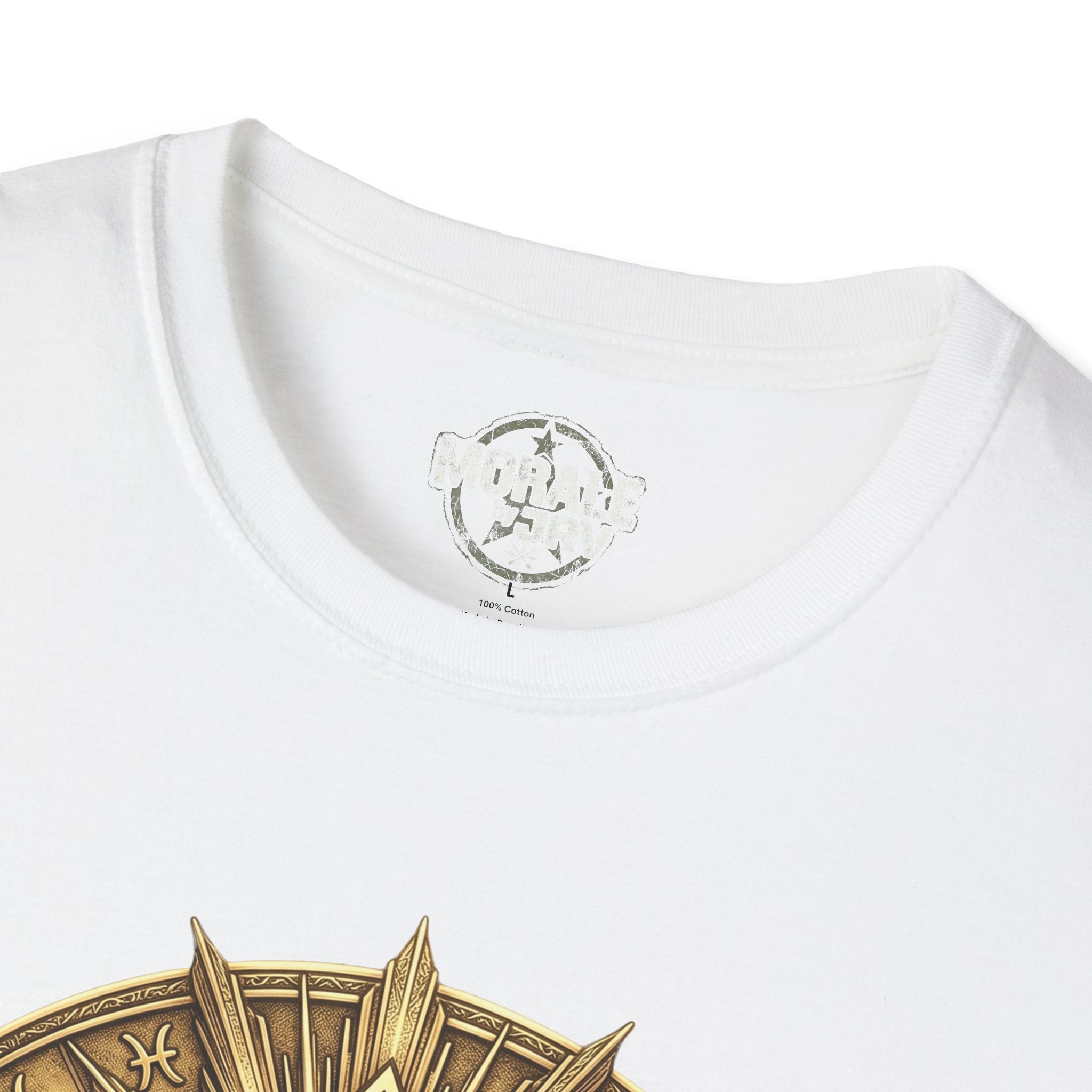 White crewneck tee neck label with small emblem; partial gold eye graphic