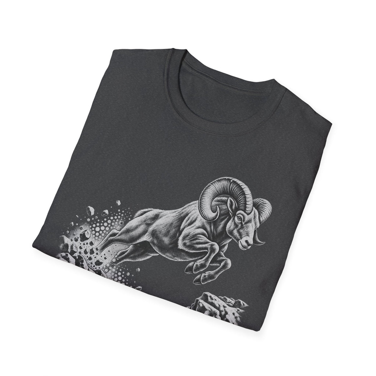 Black crewneck t-shirt with monochrome bighorn sheep graphic across the front