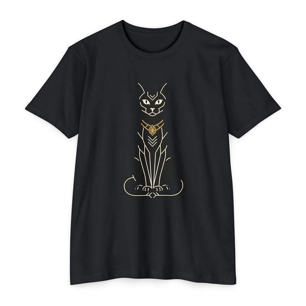 Black cat graphic t-shirt with Art Deco Egyptian cat illustration on front