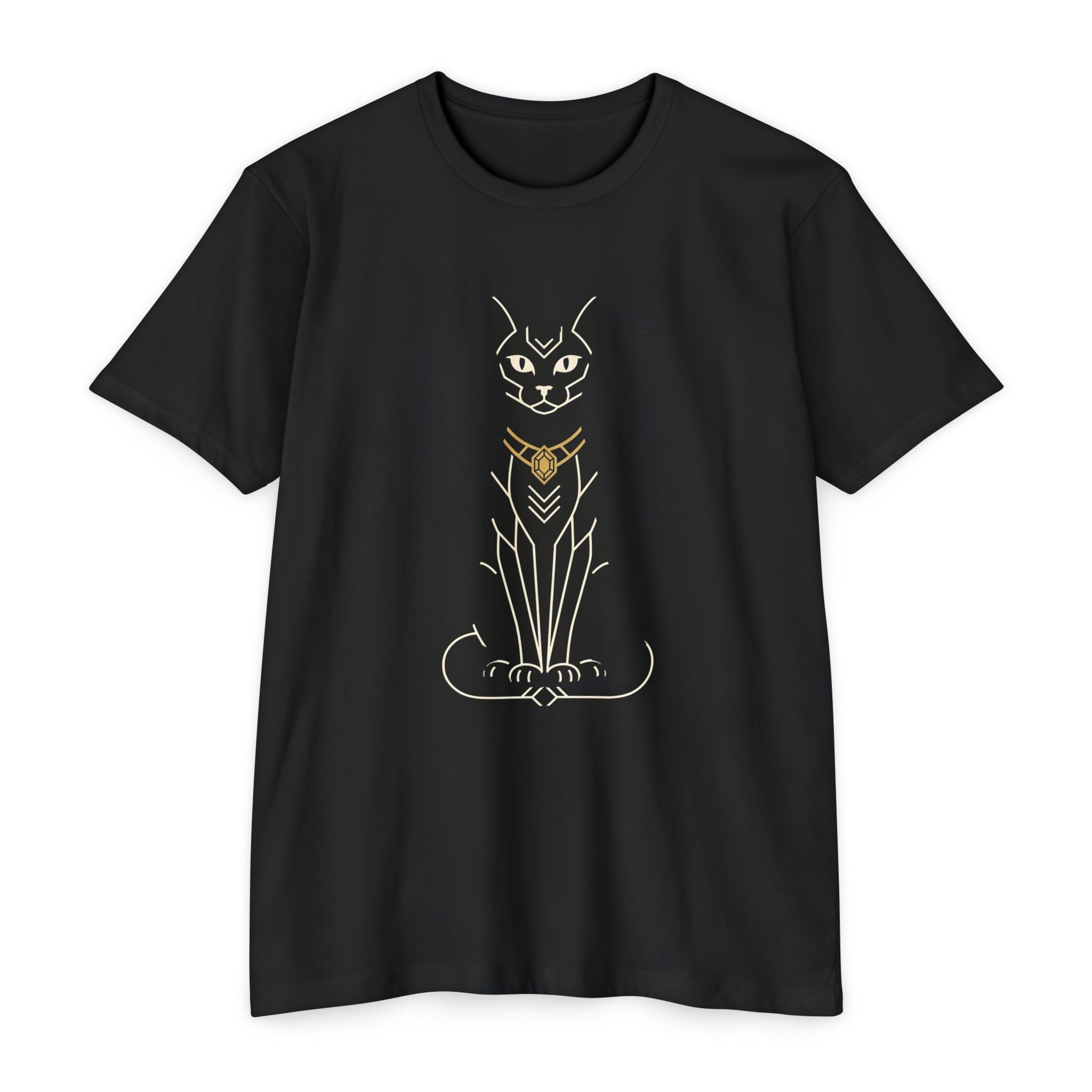 Black cat graphic t-shirt with Art Deco Egyptian cat illustration on front