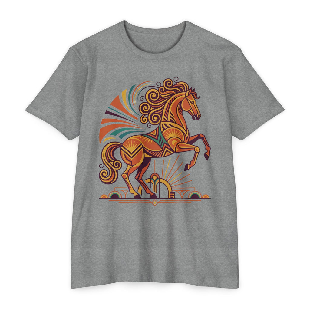 Heather gray t-shirt with prancing horse graphic in orange and teal swirl details.