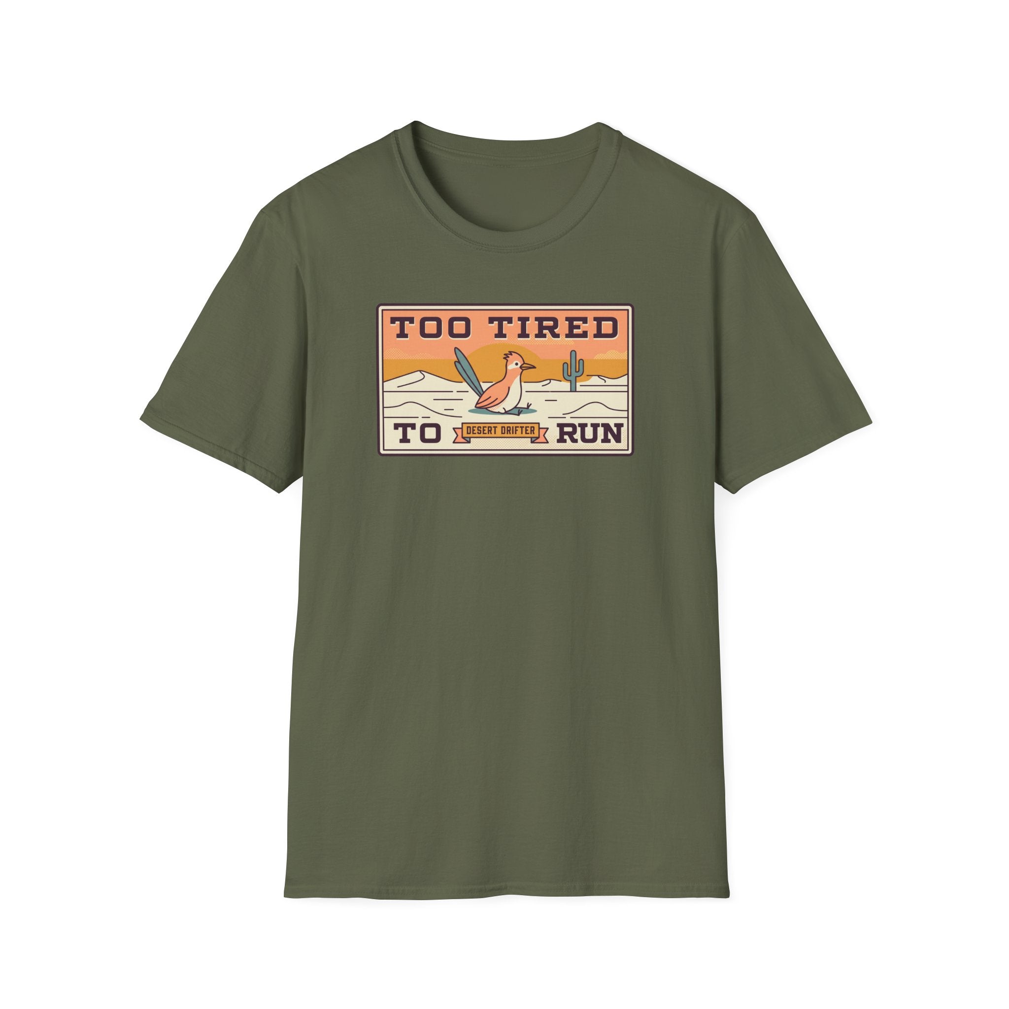 Military green short-sleeve T-shirt with front desert runner graphic