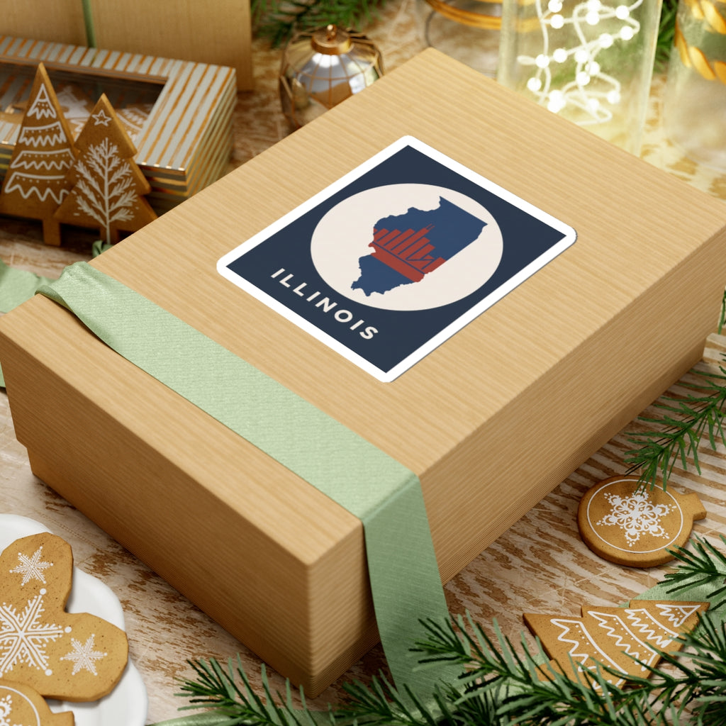 Square kiss-cut Illinois sticker with navy background, white circle, red skyline bars, ILLINOIS