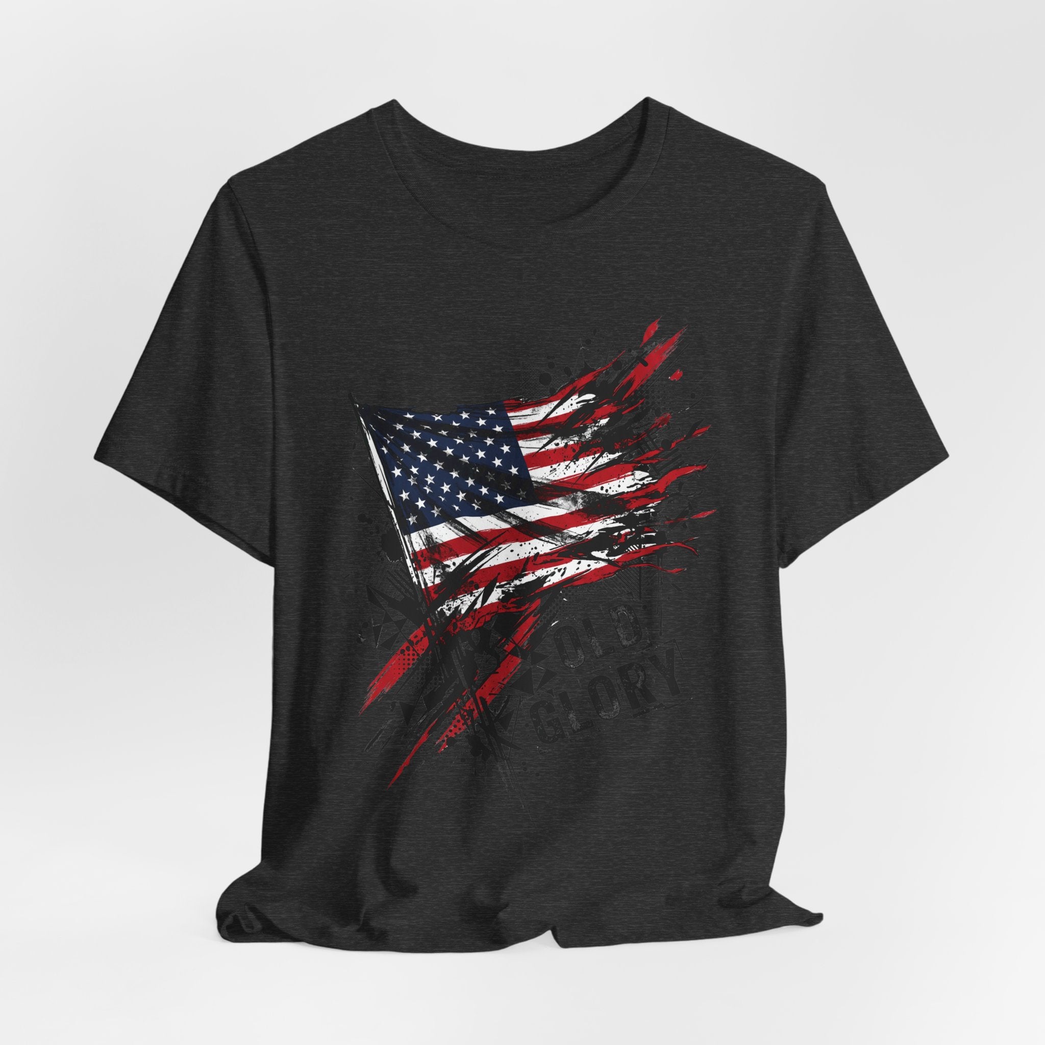 Dark grey short-sleeve crew neck t-shirt with distressed American flag graphic