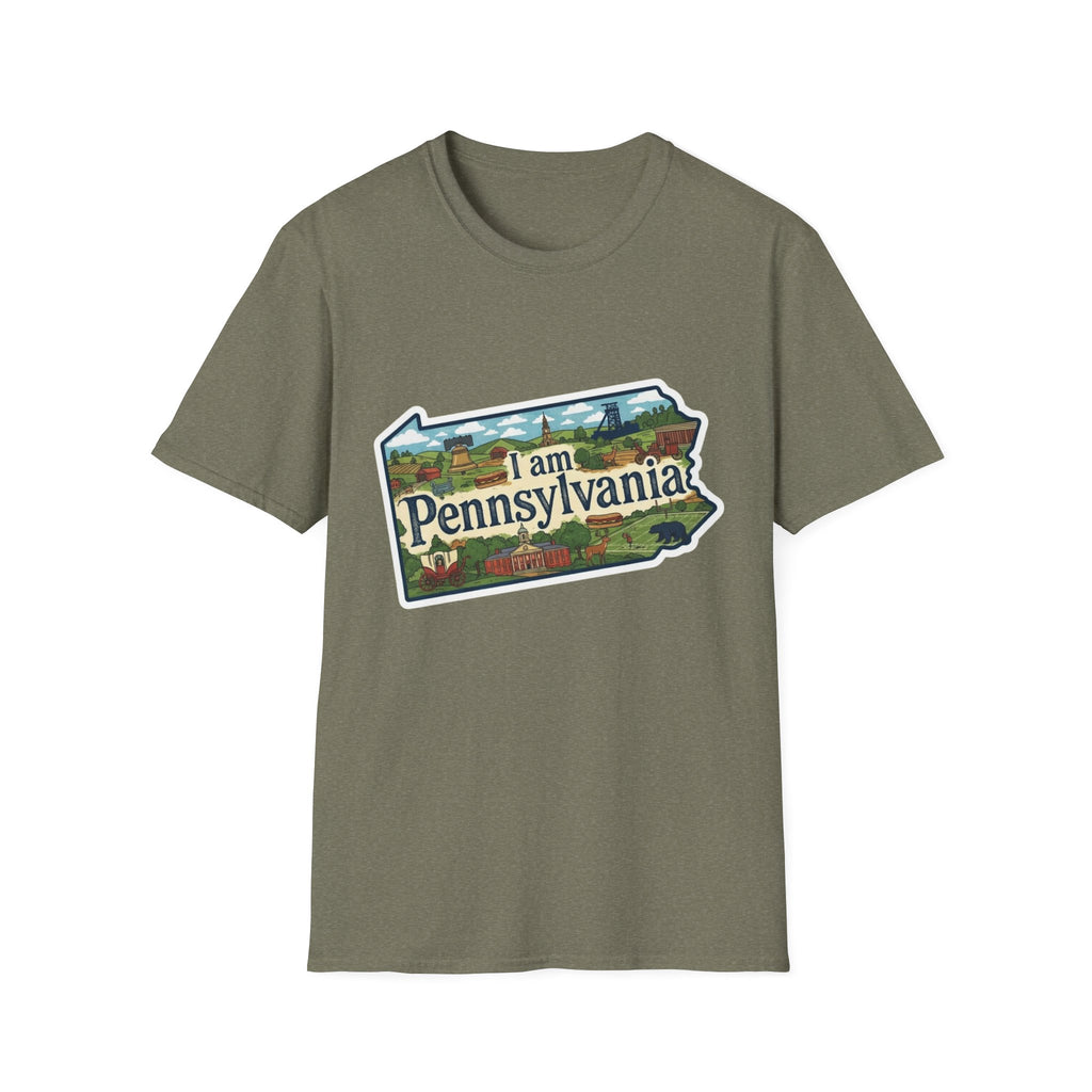 I am Pennsylvania T-shirt (Heather Military Green) with Pennsylvania scenic landmarks print