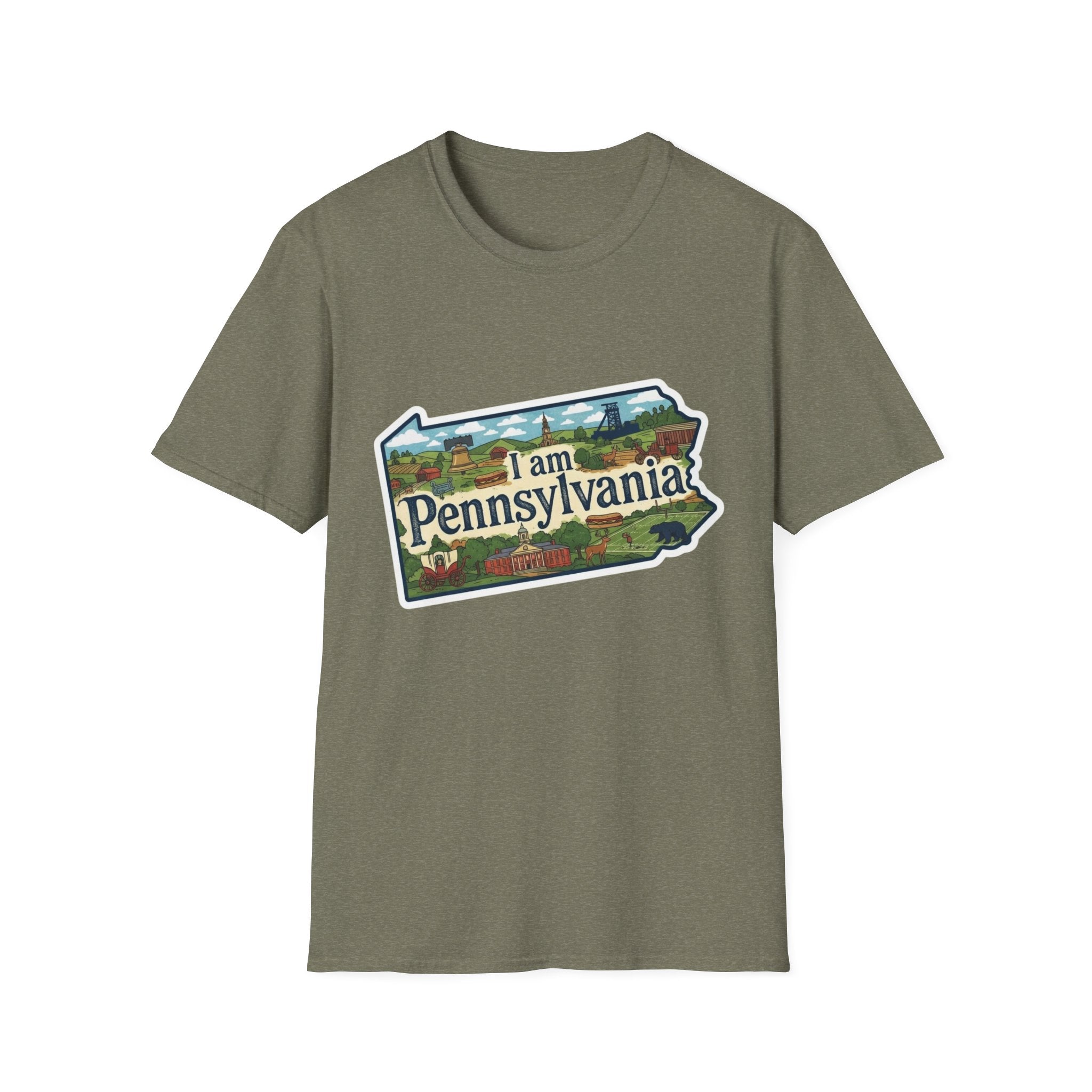 I am Pennsylvania T-shirt (Heather Military Green) with Pennsylvania scenic landmarks print