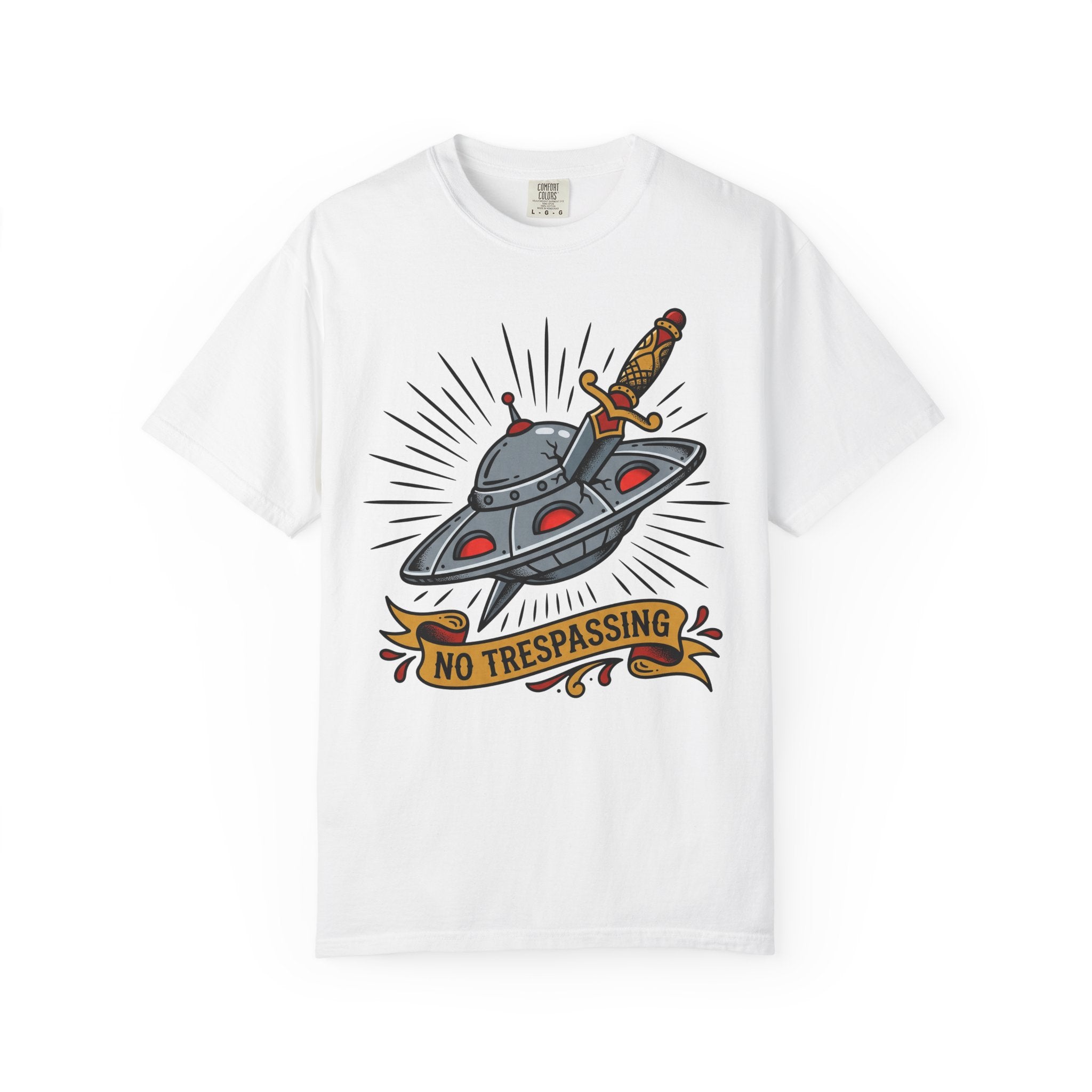 White tee with UFO dagger graphic and 'No Trespassing'