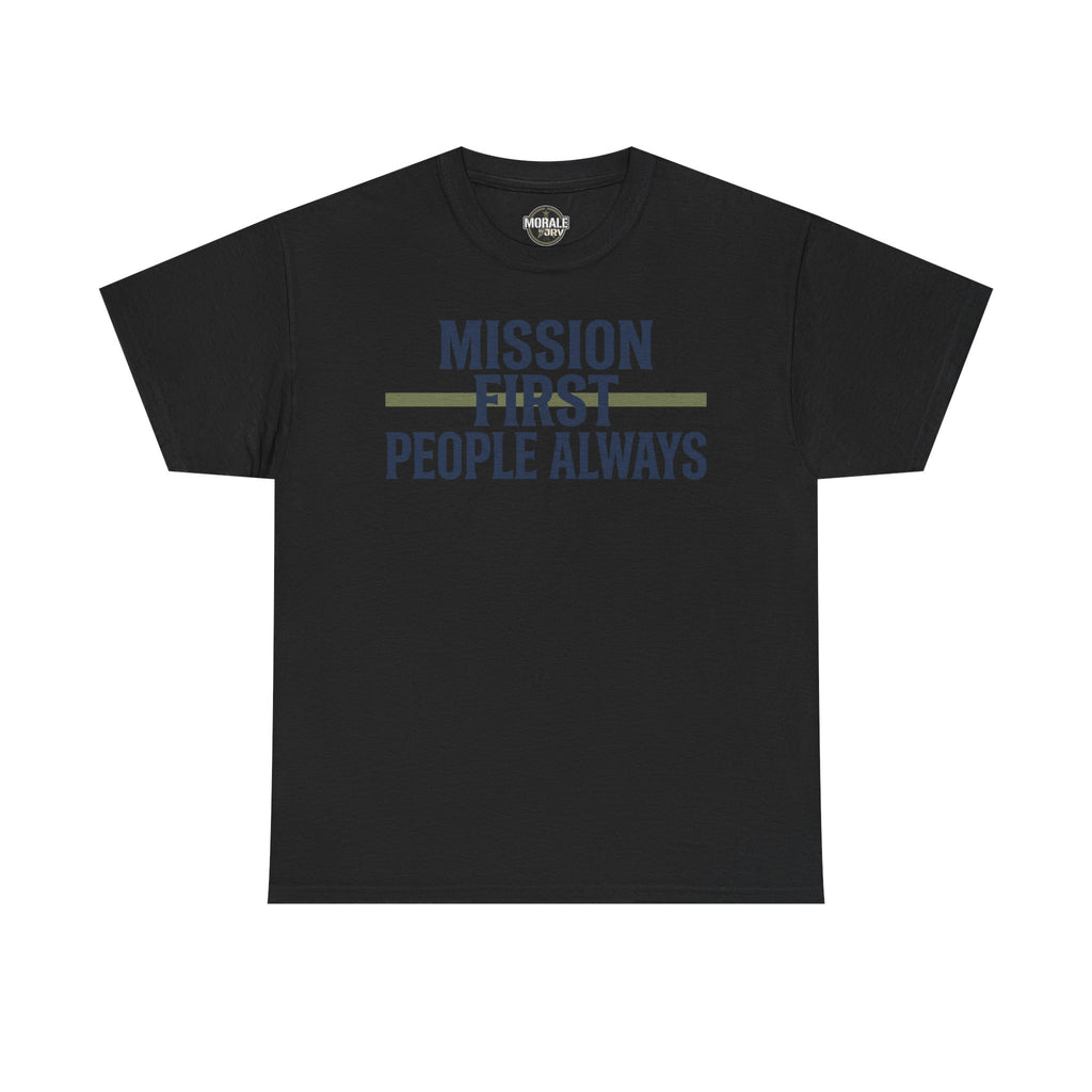 Black T-shirt with “Mission First People Always” slogan graphic at chest