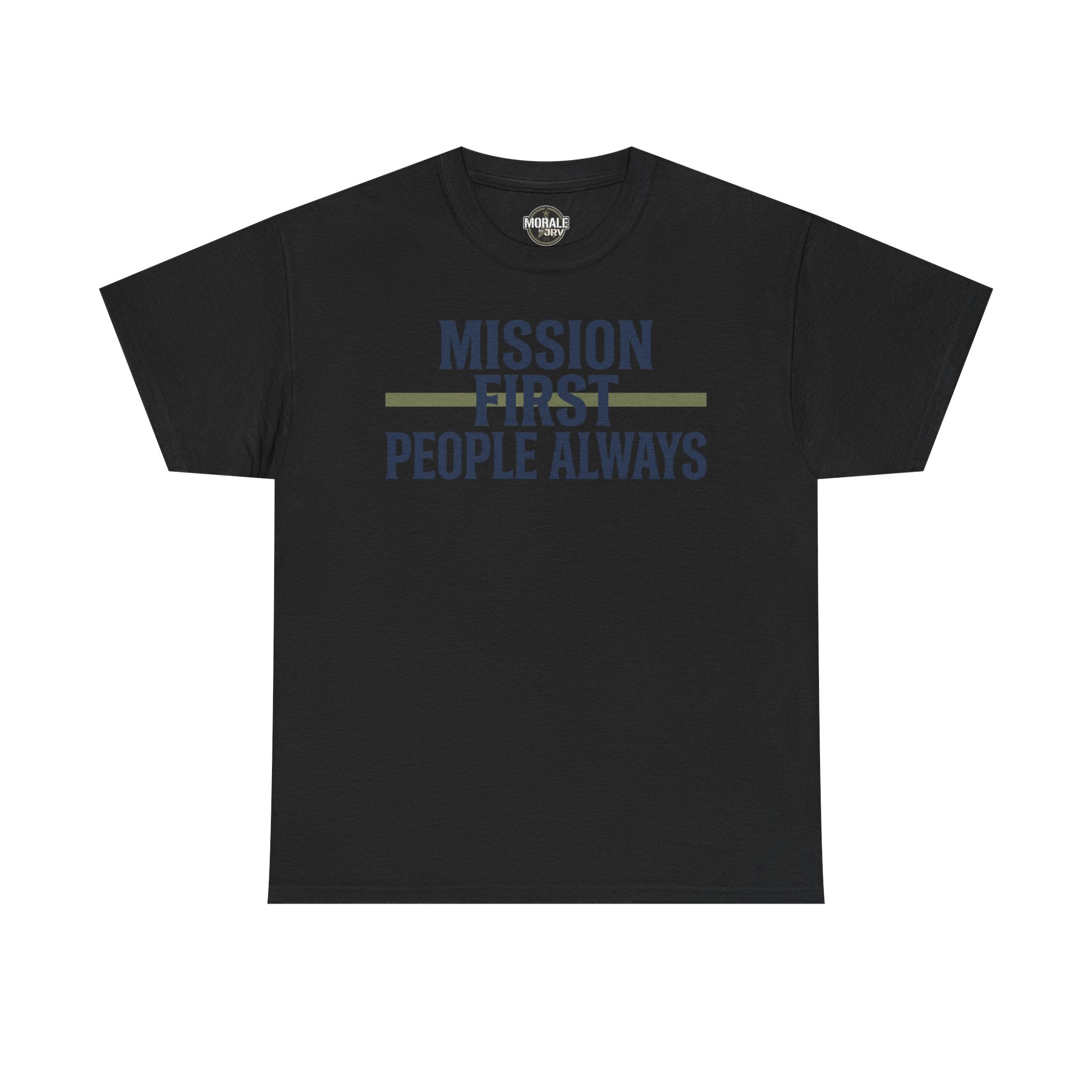 Black T-shirt with “Mission First People Always” slogan graphic at chest