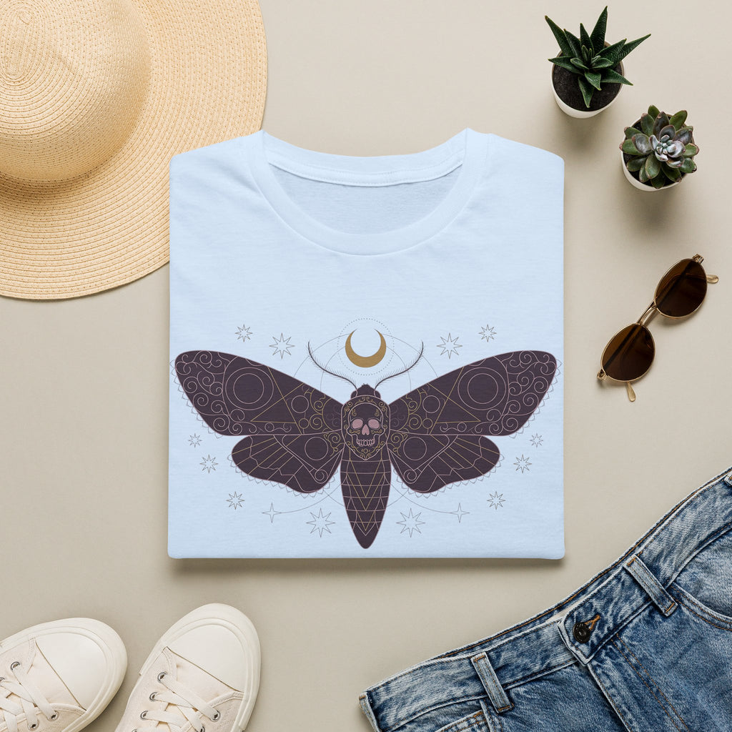 Light blue moth skull graphic T-shirt with crescent moon and snowflake print