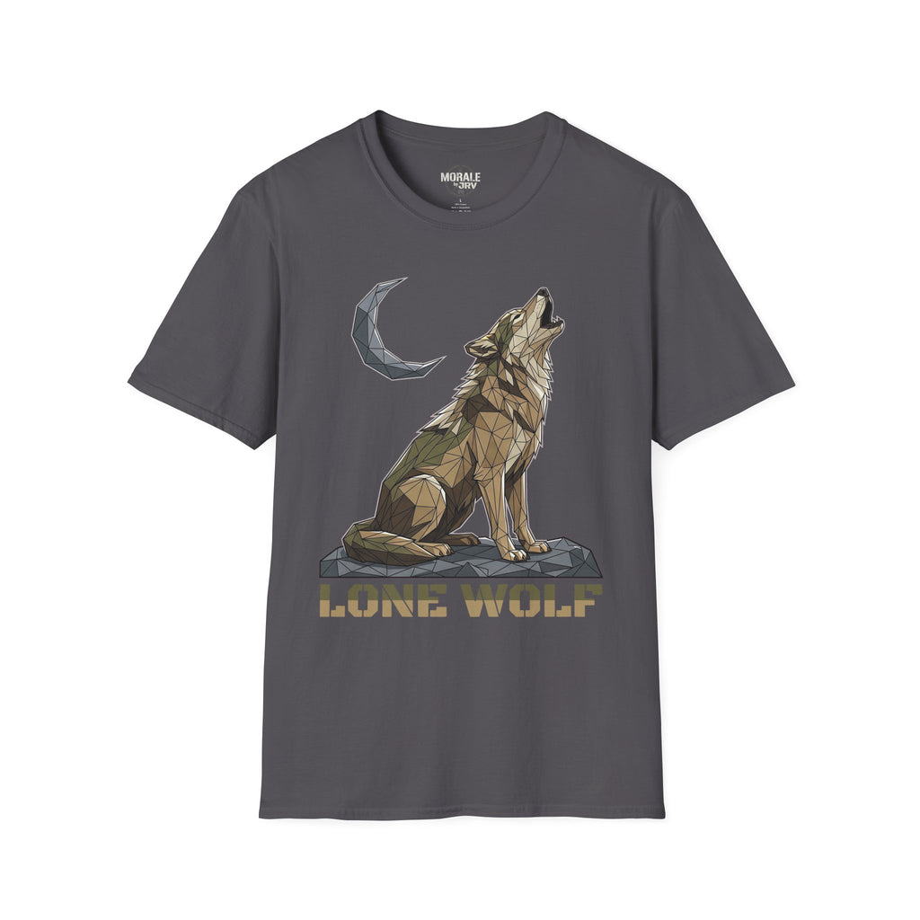 Dark heather T-shirt with geometric lone wolf howling and moon icon