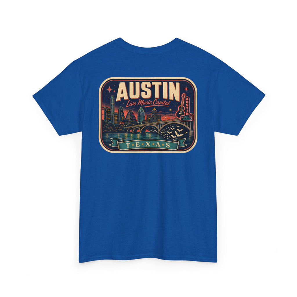 Royal blue T-shirt with retro Austin Texas skyline badge graphic on front
