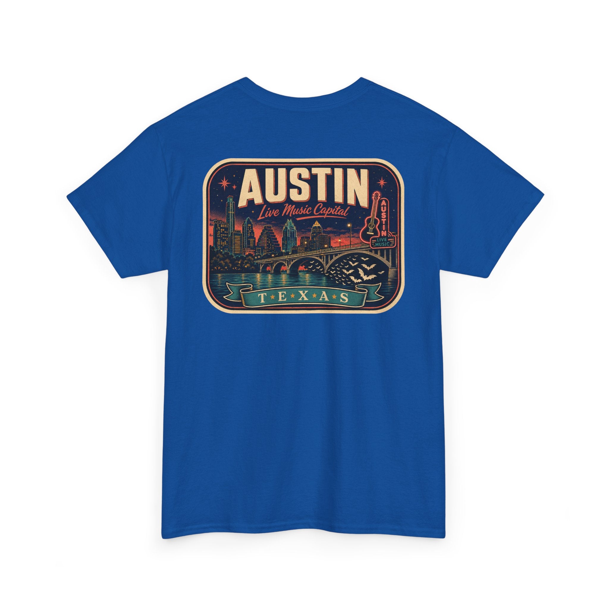 Royal blue T-shirt with retro Austin Texas skyline badge graphic on front