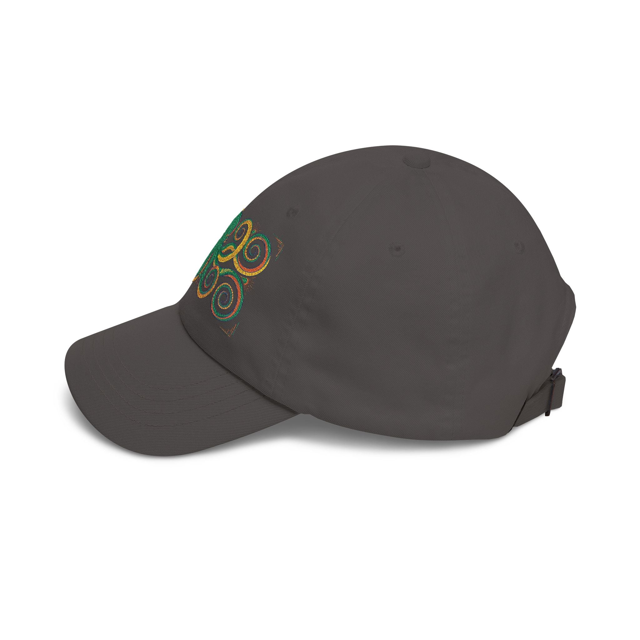 Charcoal baseball cap with green-and-gold embroidered swirl and side ties
