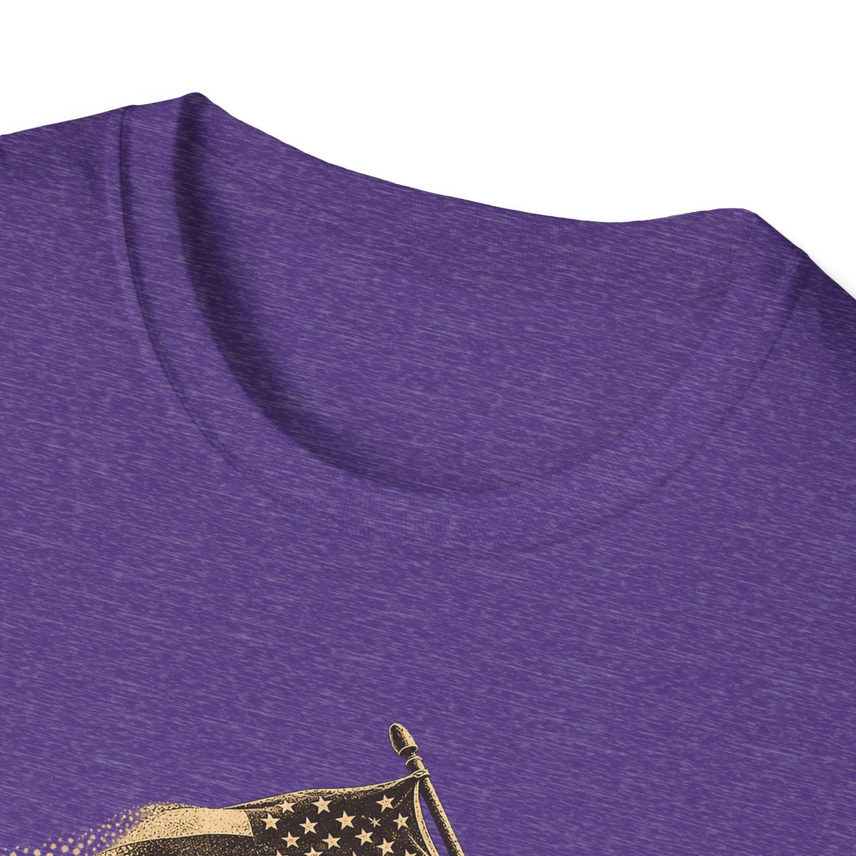 Heather purple crewneck T-shirt with partial soldier flag graphic, close-up neckline