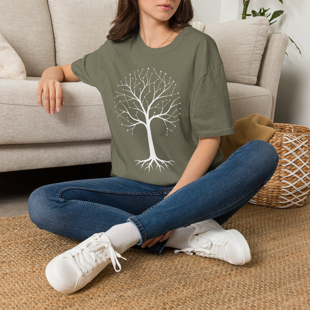 Olive green crew-neck T-shirt with white tree of life constellation print