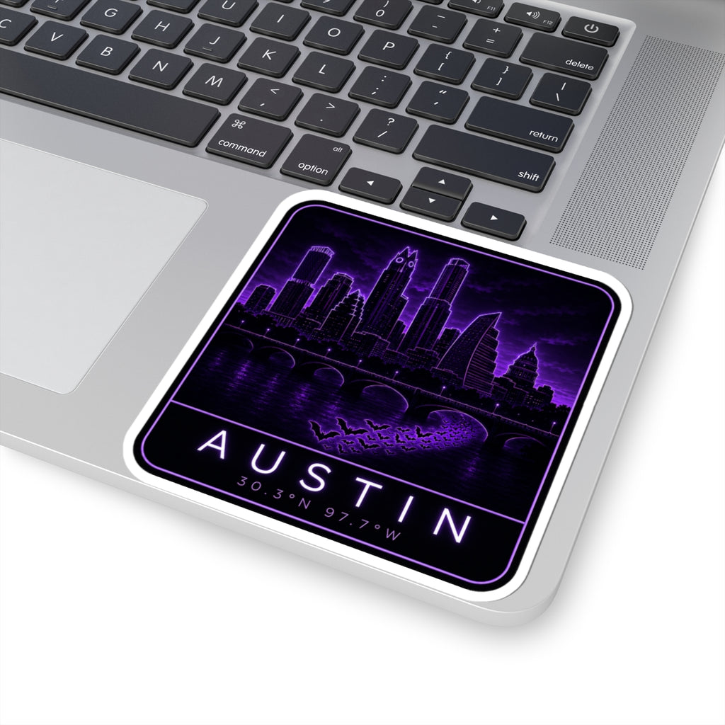 Neon Austin skyline decal on laptop; purple skyline, “AUSTIN” text, and 30.30N 97.70W