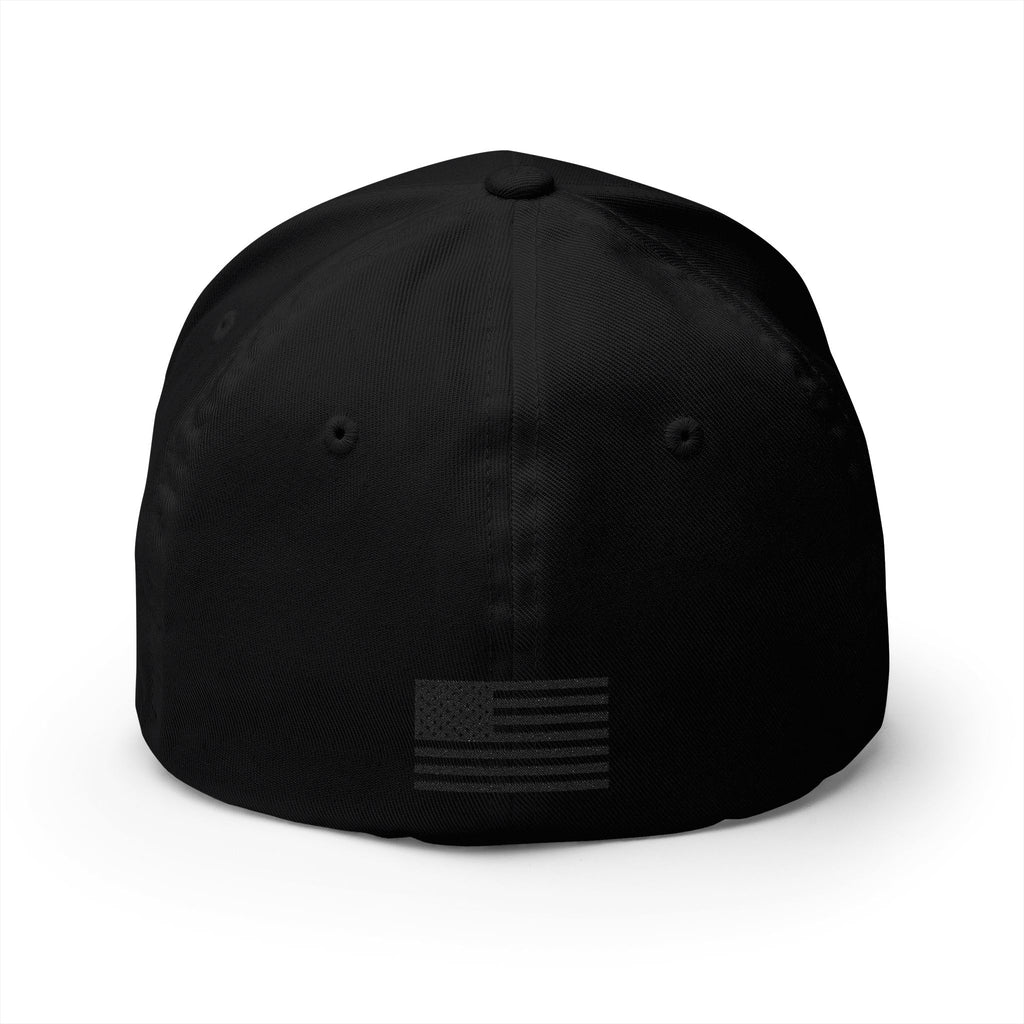 Black embroidered baseball cap with US flag patch on front