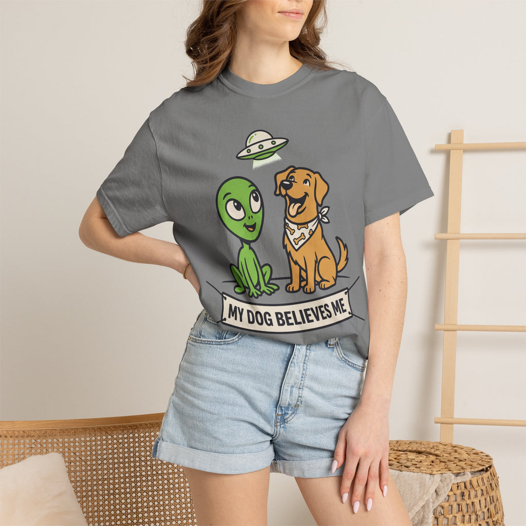 Charcoal crewneck T-shirt with alien and brown dog cartoon graphic