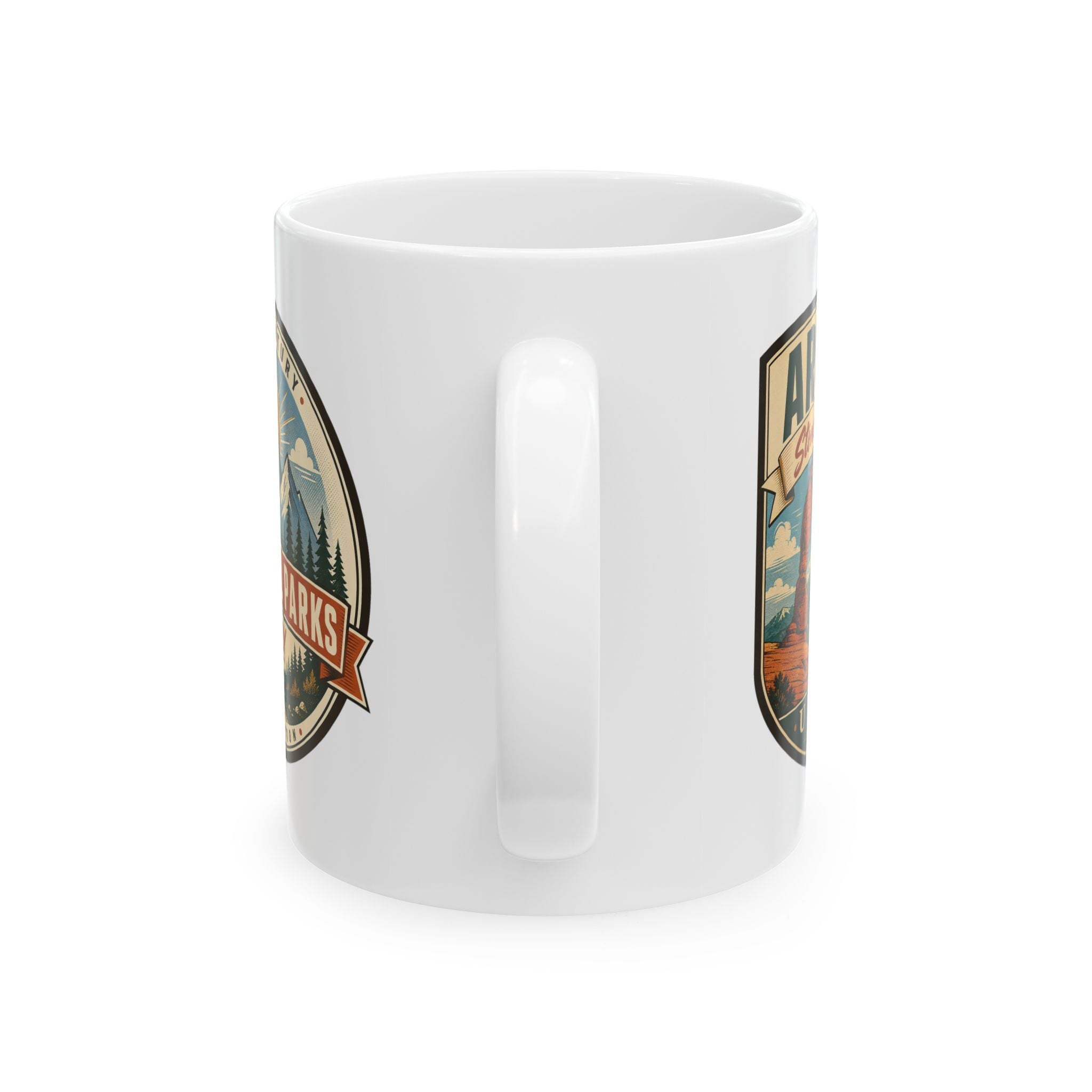 White ceramic mug with two side shield prints and vertical handle