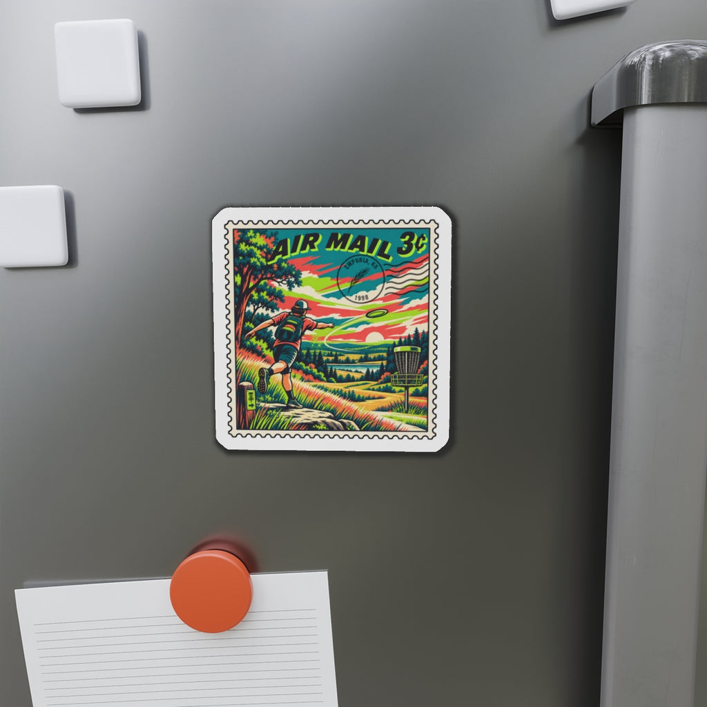 Die-cut fridge magnet on stainless refrigerator door featuring neon “Air Mail 3¢” stamp art