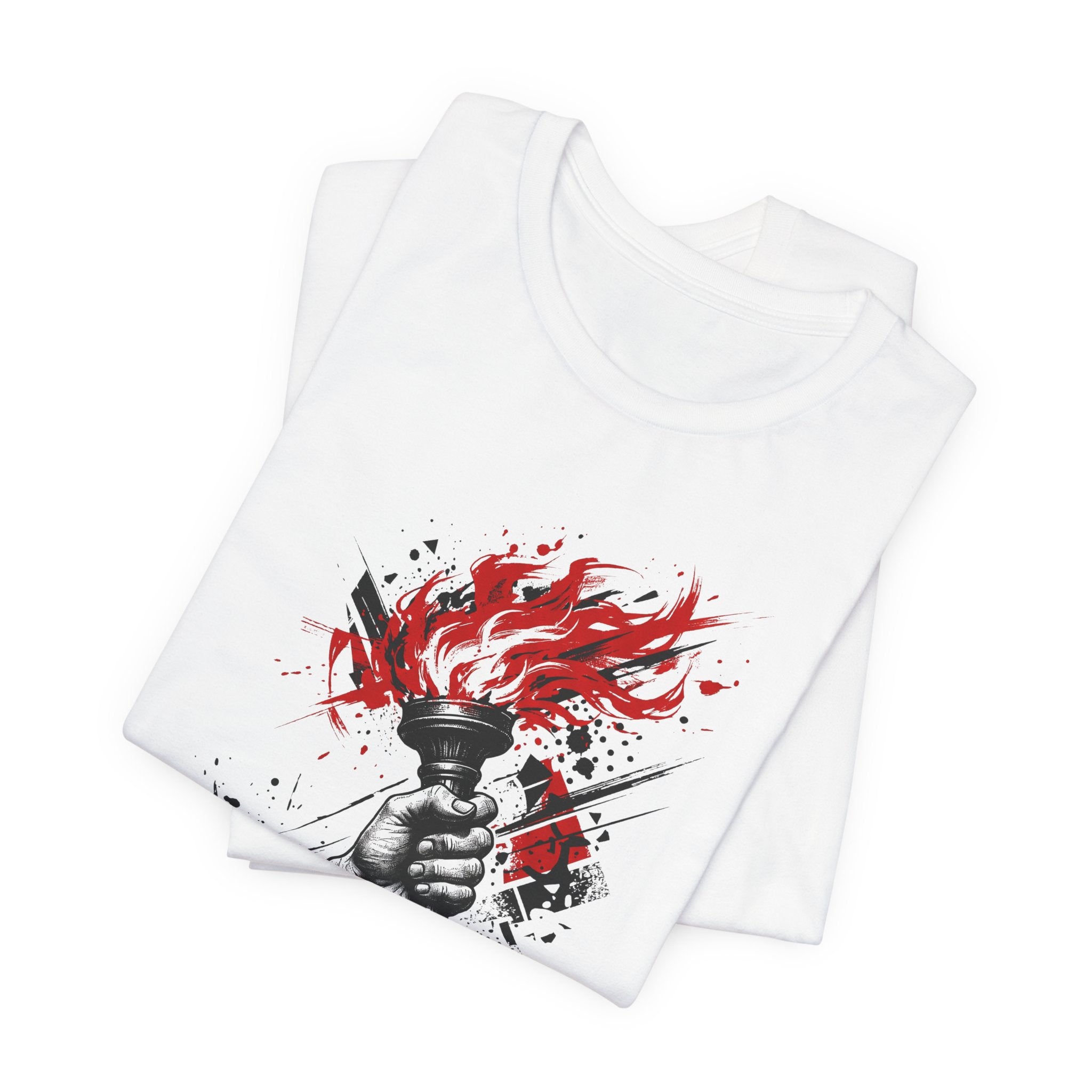 White Liberty torch graphic t-shirts stacked, red flames and black splatter front print