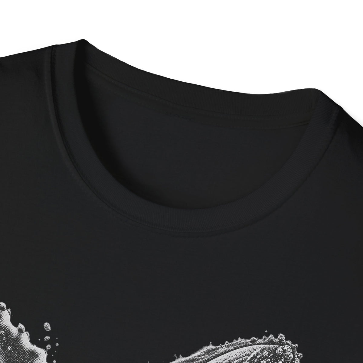 Black T-shirt neckline close-up with crew neck and subtle stitching
