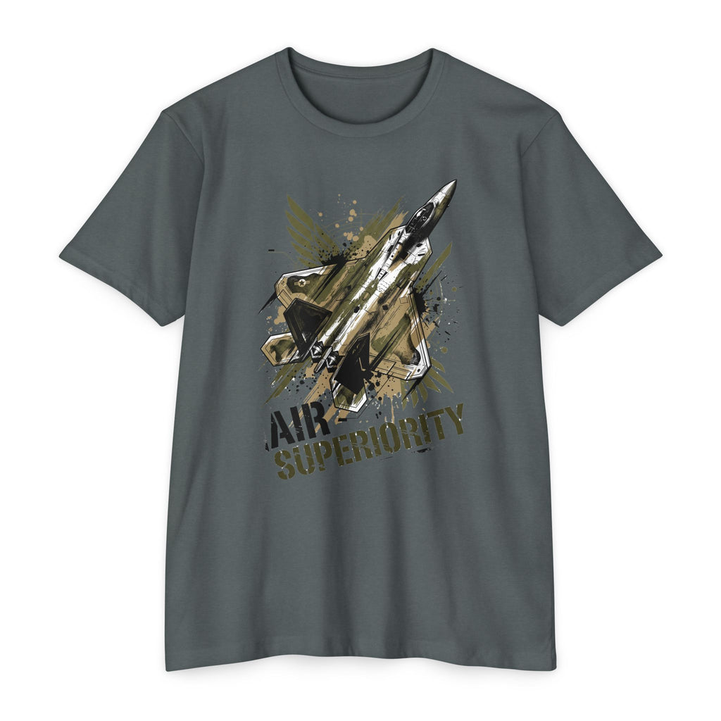 Dark gray crewneck T-shirt with jet 'AIR SUPERIORITY' graphic.