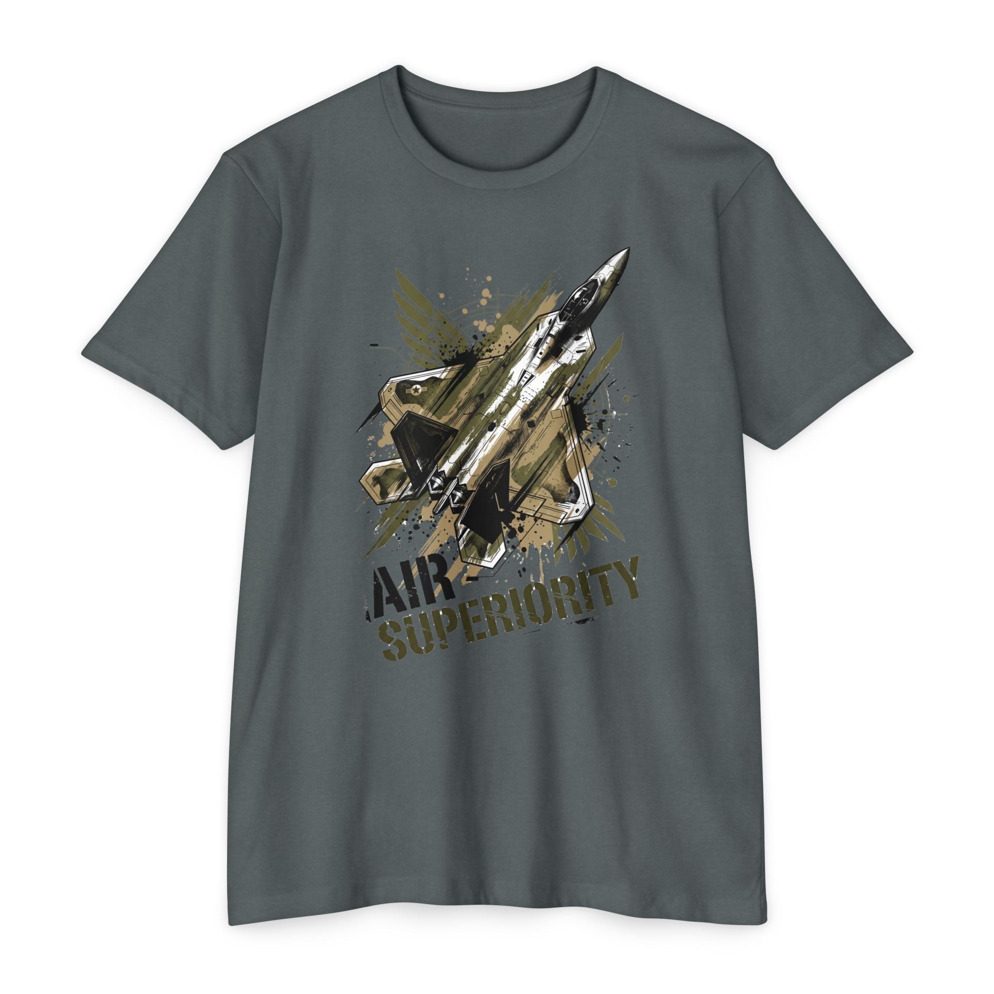Dark gray crewneck T-shirt with jet 'AIR SUPERIORITY' graphic.