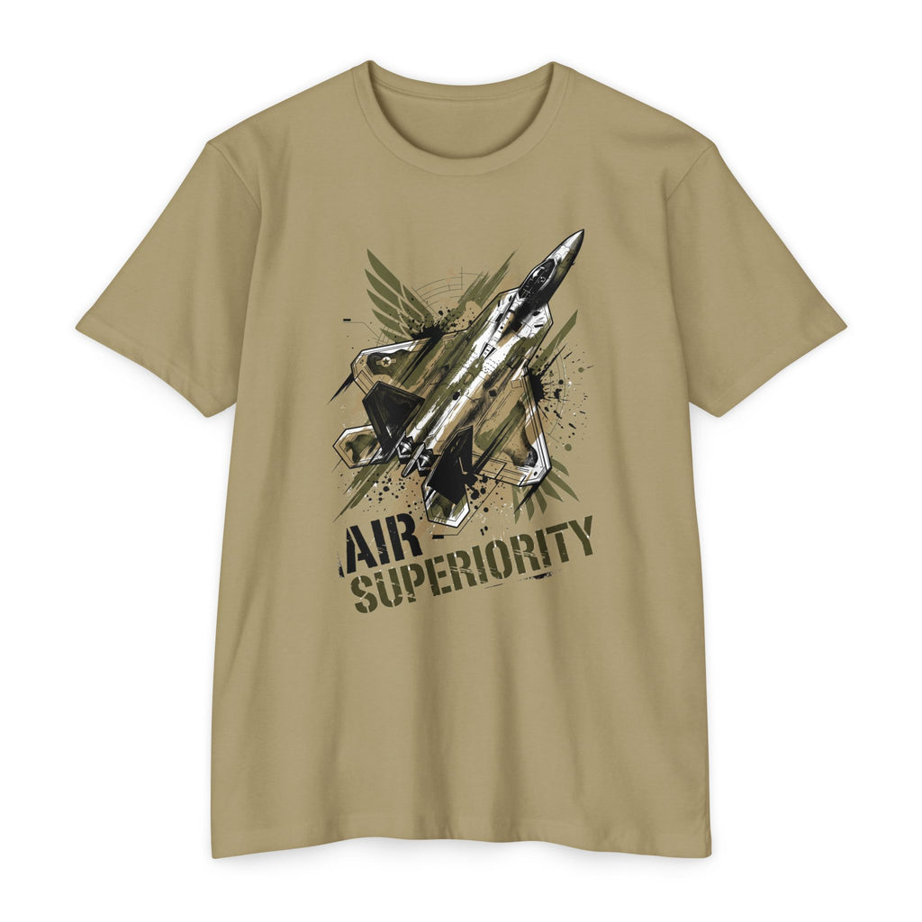 Khaki crewneck T-shirt with jet 'AIR SUPERIORITY' graphic.