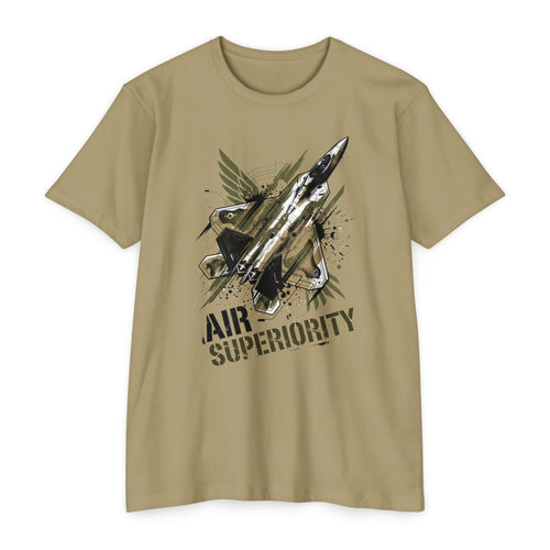 Khaki crewneck T-shirt with jet 'AIR SUPERIORITY' graphic.
