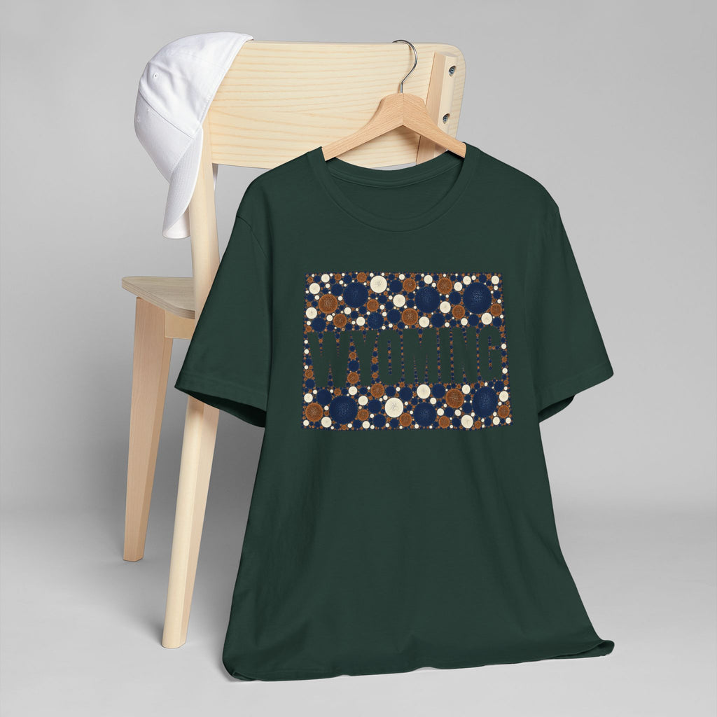 Dark green crewneck T-shirt with polka-dot state map graphic reading WYOMING