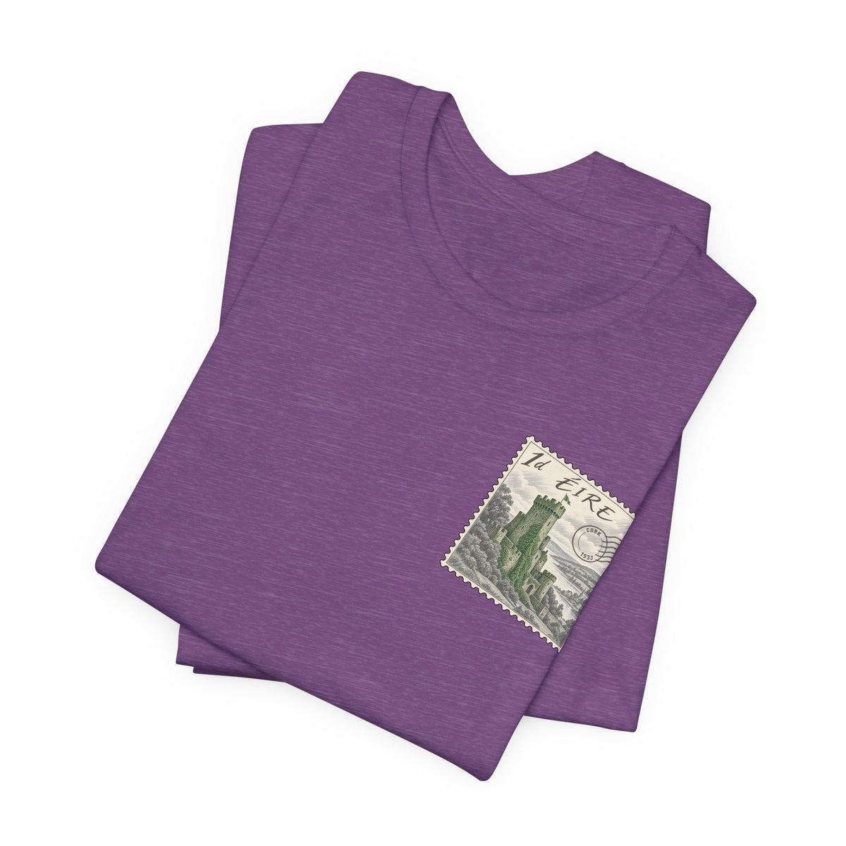 Purple short-sleeve t-shirt with small vintage postage stamp graphic