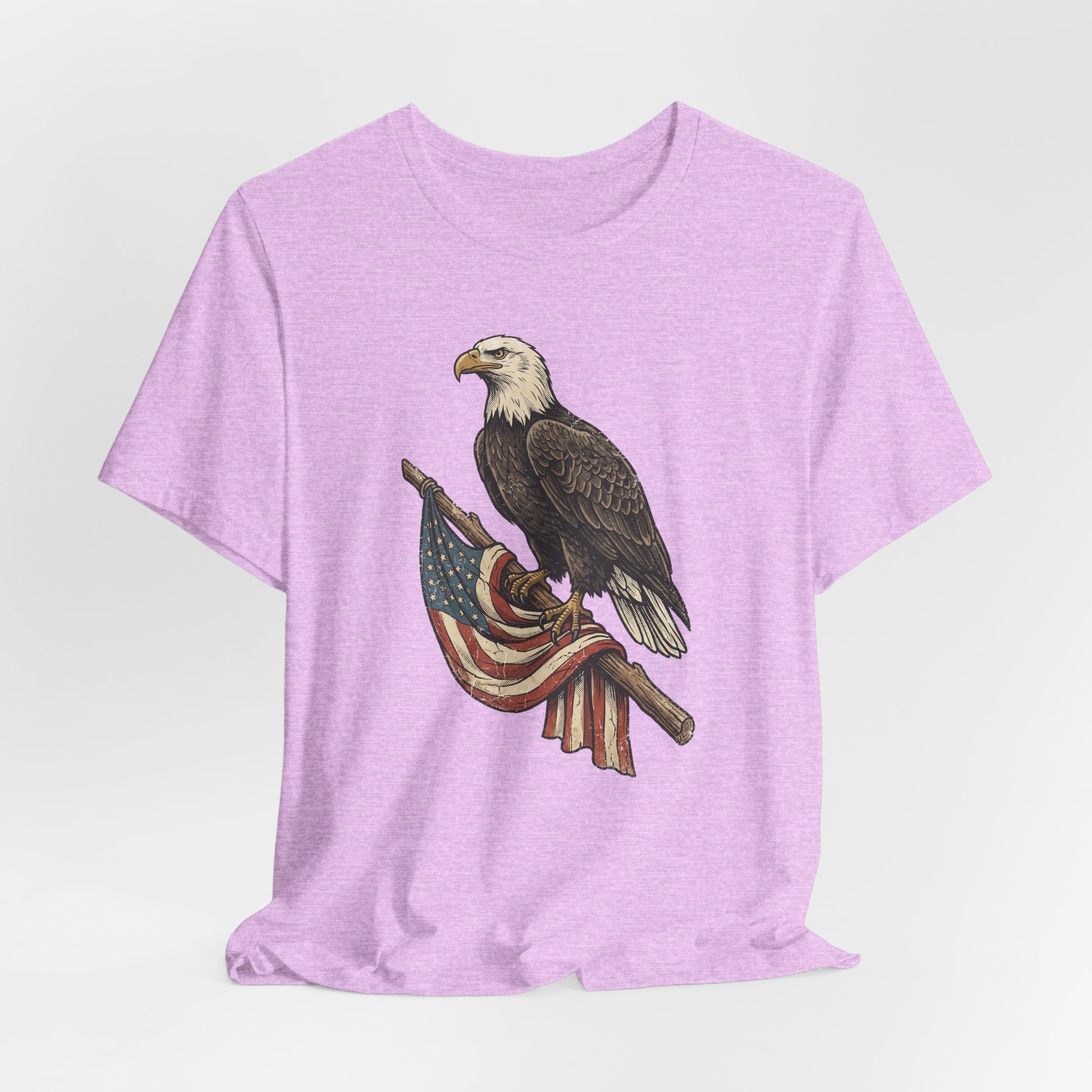 Heather purple eagle graphic T-shirt with stars-and-stripes flag wrap, crew neck