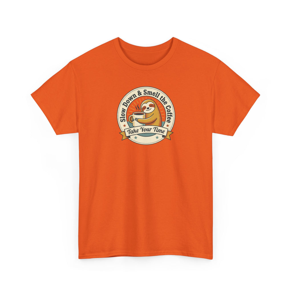 Orange graphic T-shirt with sloth coffee emblem on chest