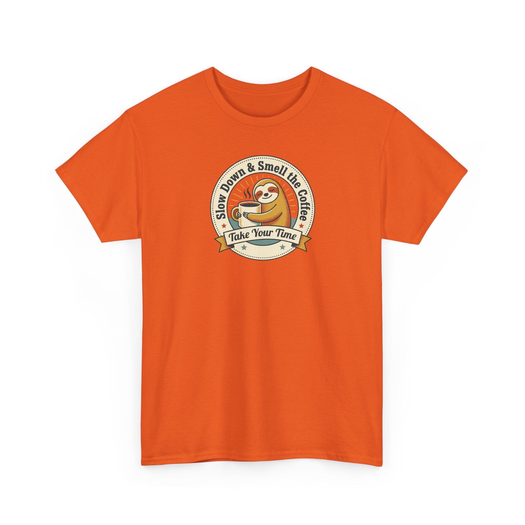 Orange graphic T-shirt with sloth coffee emblem on chest