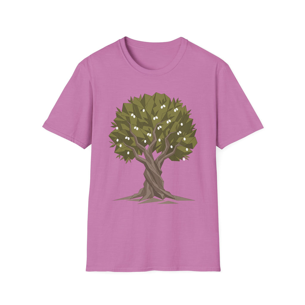 Twisted Olive Tree T-Shirt in purple with twisted tree botanical graphic and olive leaves