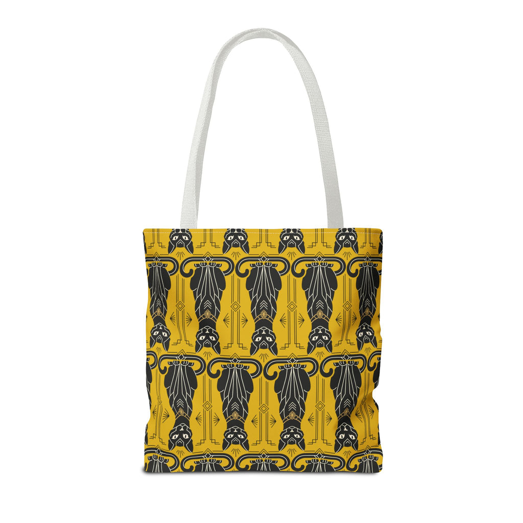 Yellow tote bag with repeating black cat pattern and navy swirls, white handles front view.
