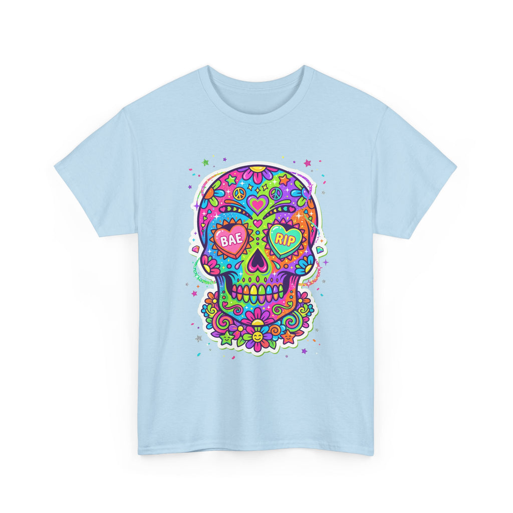 Light blue T-shirt with colorful sugar skull graphic on front.