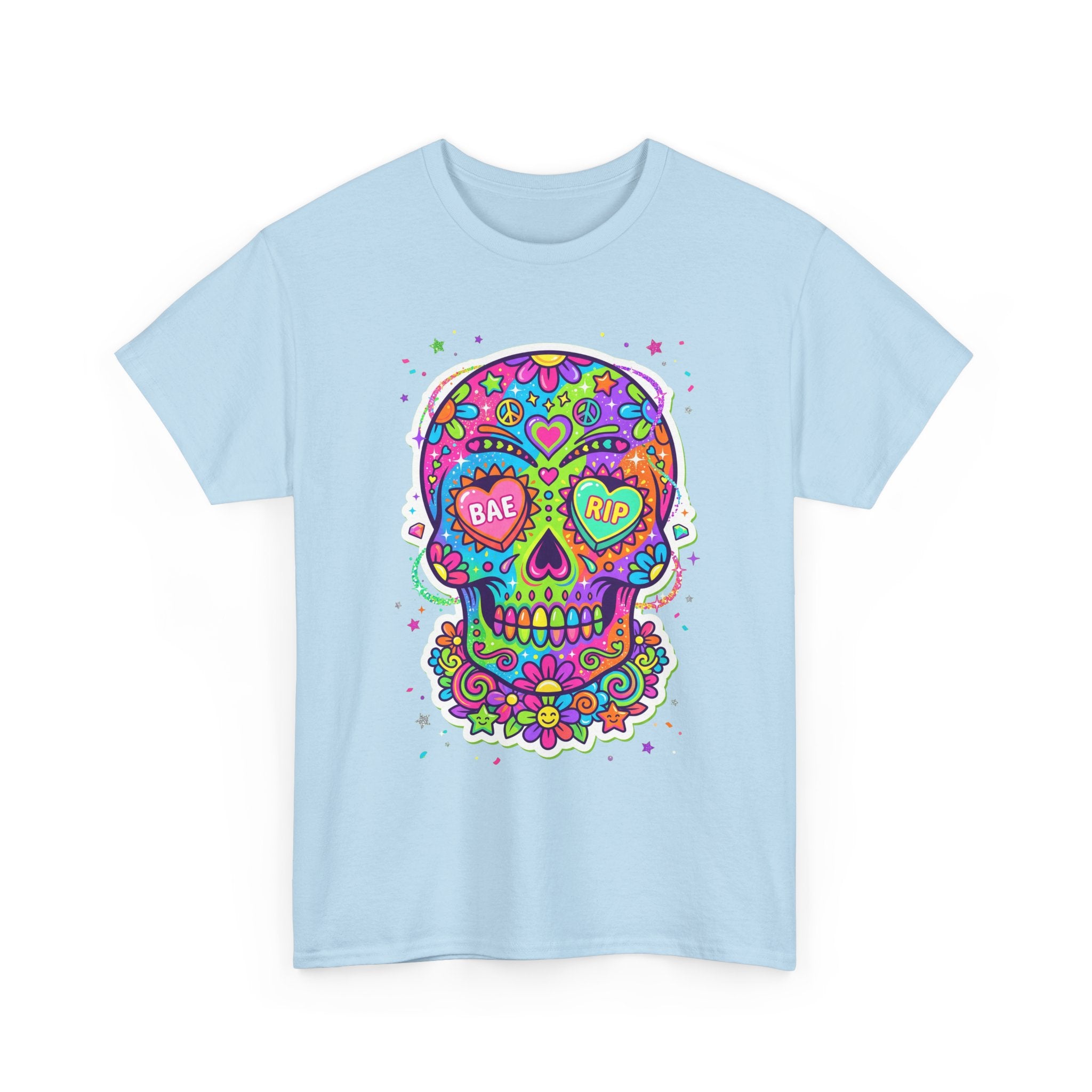 Light blue T-shirt with colorful sugar skull graphic on front.