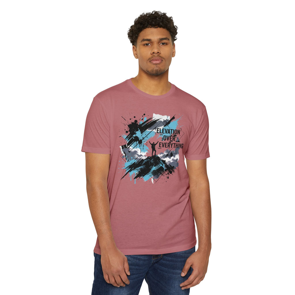 Dusty rose crewneck T-shirt with mountain-style elevation graphic across chest.