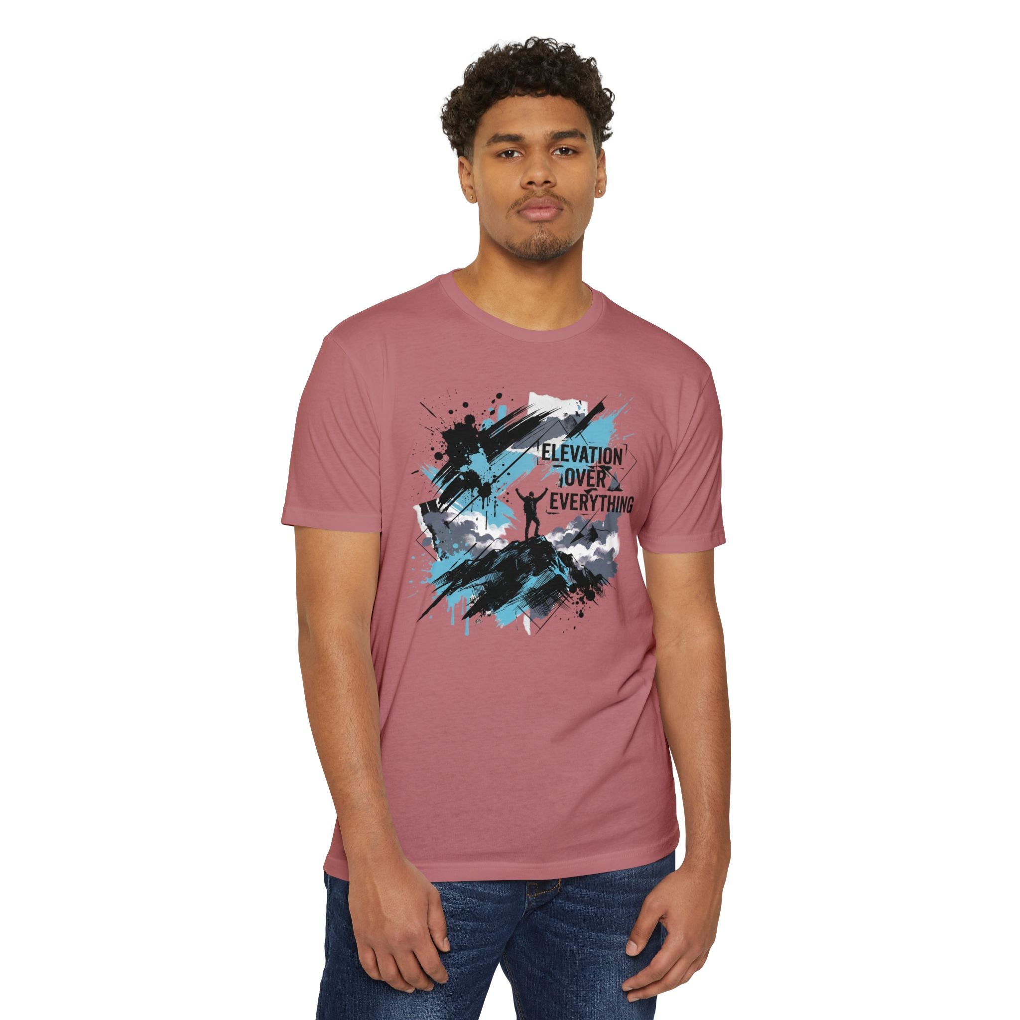 Dusty rose crewneck T-shirt with mountain-style elevation graphic across chest.