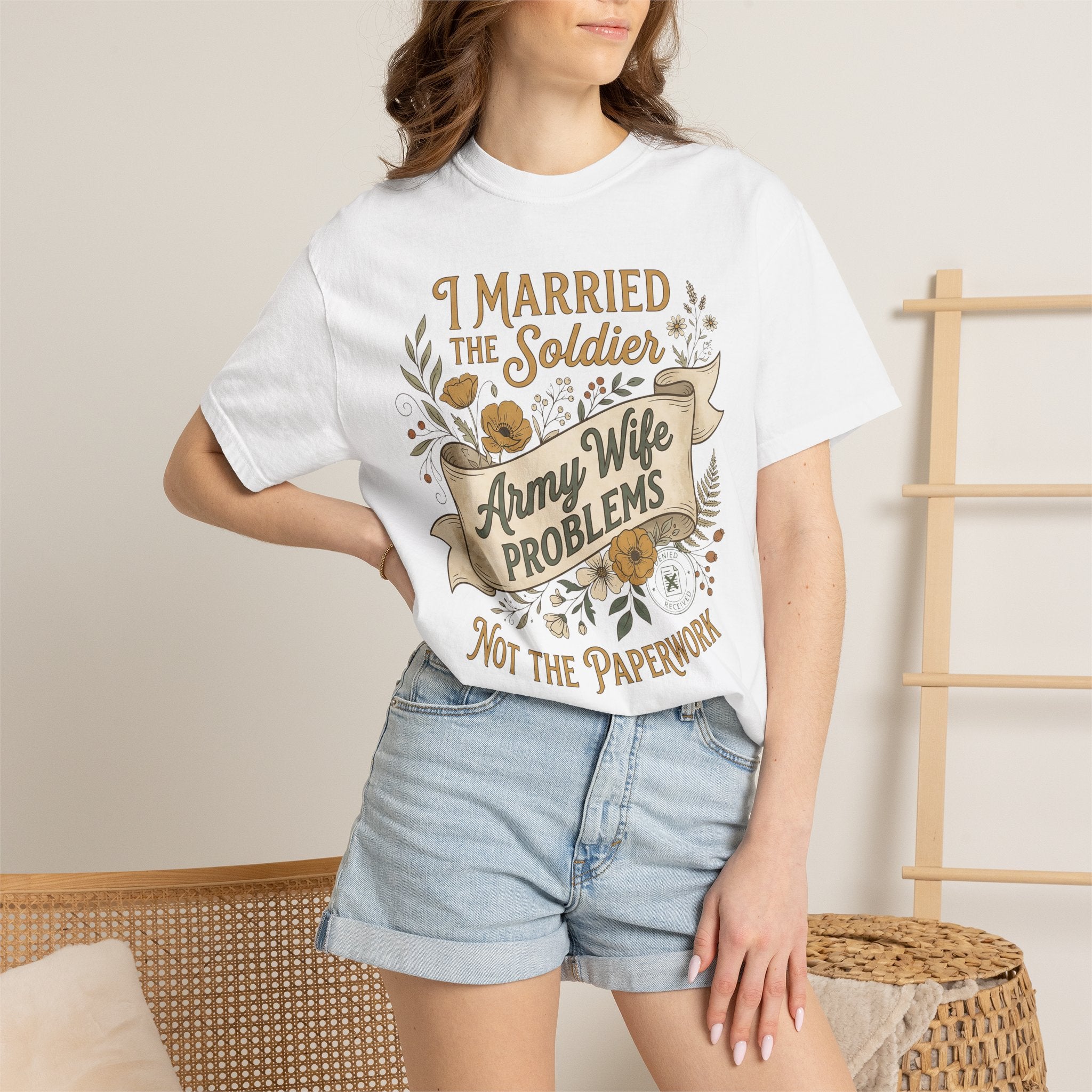 White T-shirt with “I Married the Soldier” and “Army Wife Problems” graphic