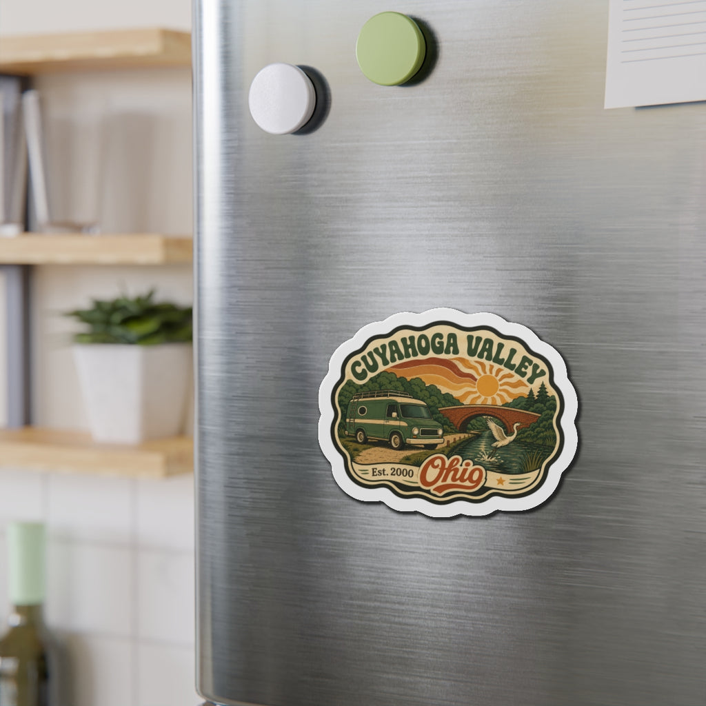 Die-cut Cuyahoga Valley camper van fridge magnet on stainless steel door
