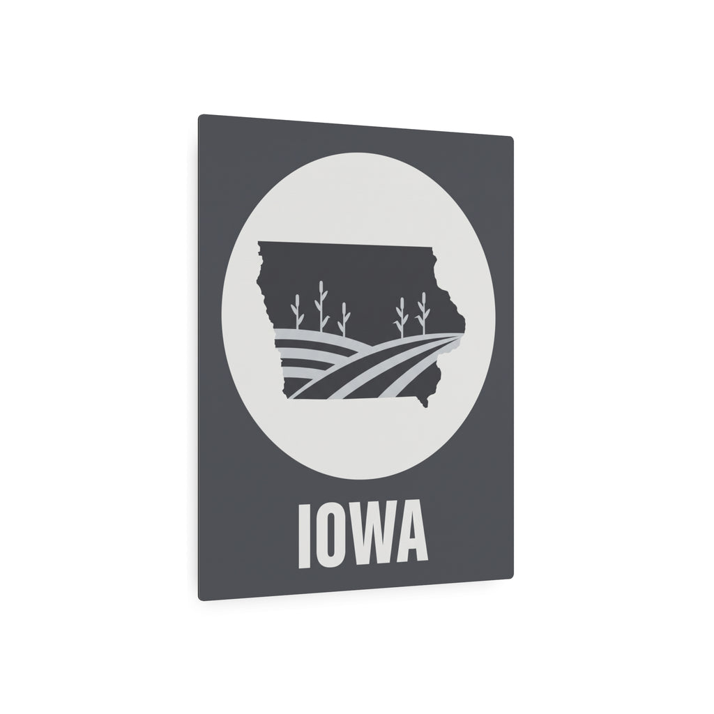 Rectangular dark gray Iowa metal wall sign with white circle and farm fields silhouette, IOWA