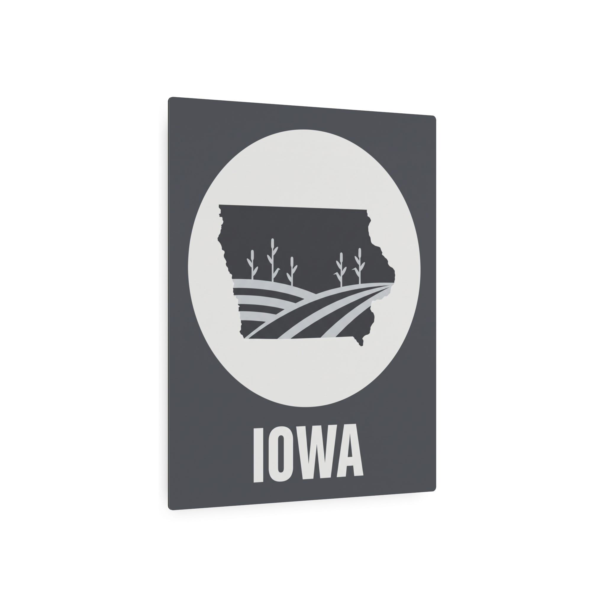 Rectangular dark gray Iowa metal wall sign with white circle and farm fields silhouette, IOWA