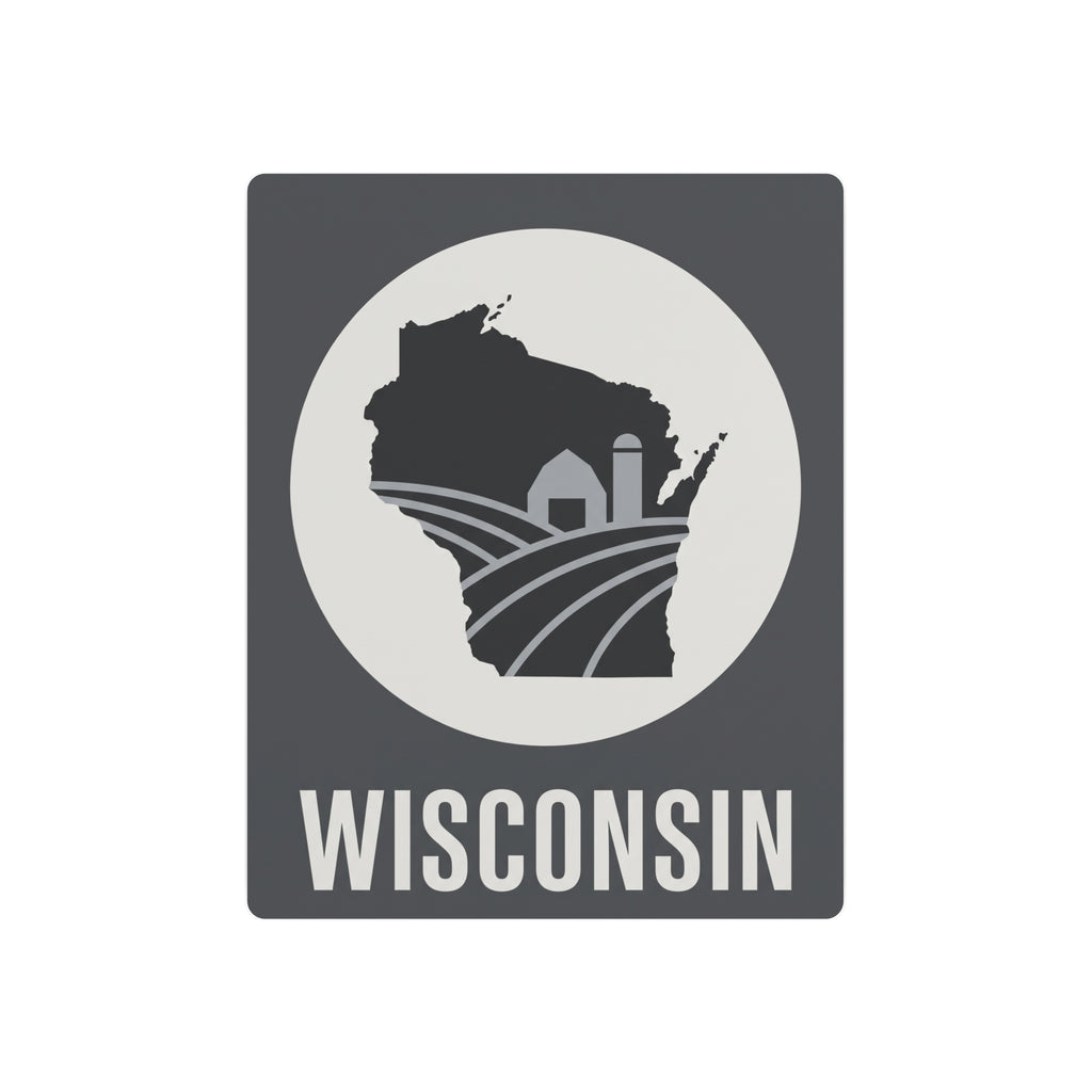 Rustic Wisconsin metal wall plaque, dark gray with white circle, farm silhouette, and text