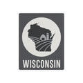 Rustic Wisconsin metal wall plaque, dark gray with white circle, farm silhouette, and text