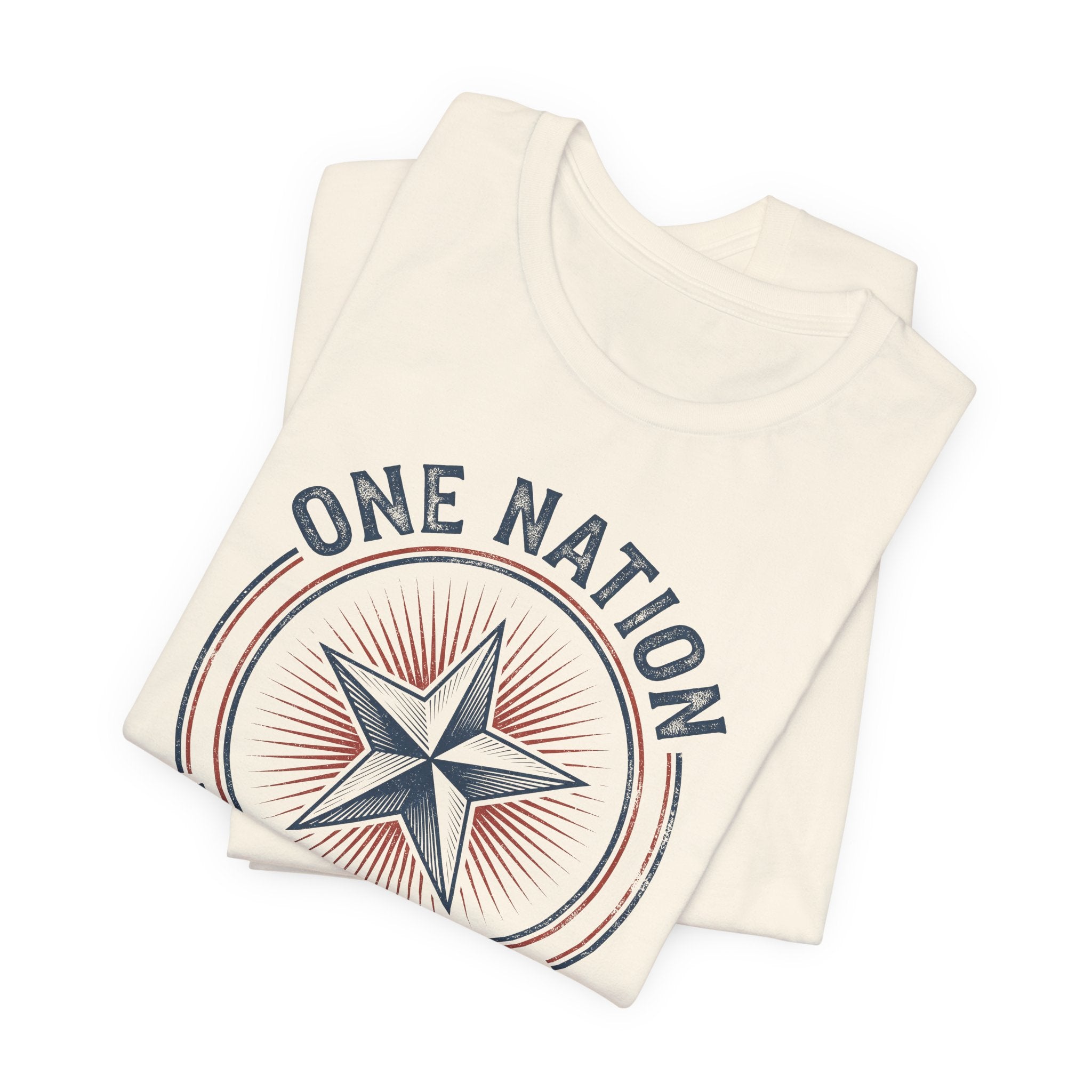 Natural short-sleeve T-shirt with circular star graphic, 'ONE NATION'