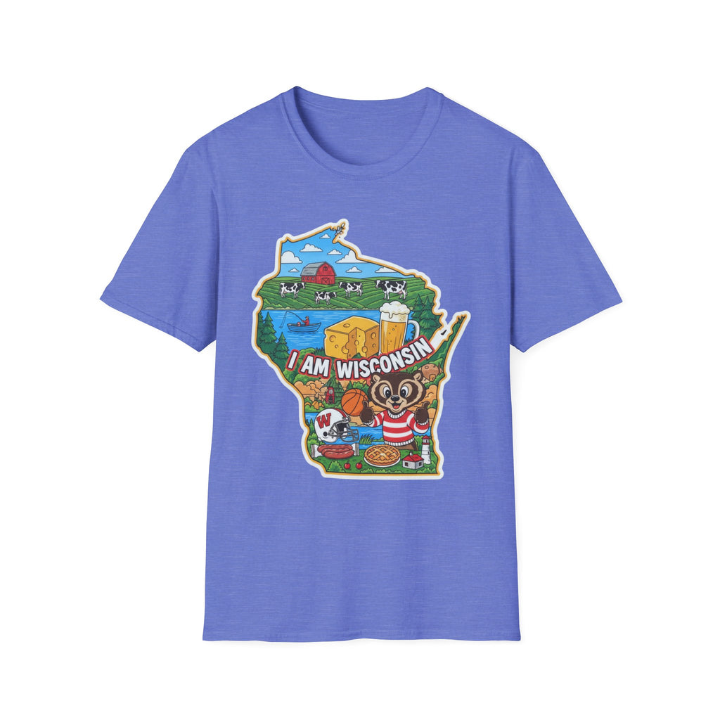 Heather Royal Blue T-shirt with Wisconsin map graphic, cheese and badger mascot